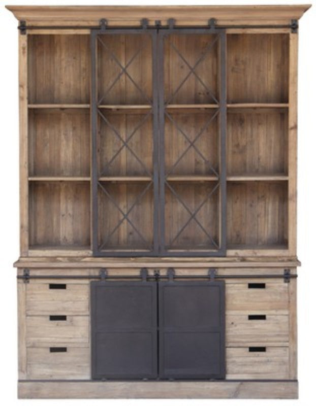 Rustic wall unit with sliding barn doors, featuring 6 drawers and 3 shelves, crafted from reclaimed pine and iron hardware.