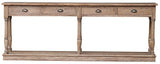 Hall table in natural reclaimed elm with 4 drawers, 210cm long, ideal for stylish entryway and practical storage.