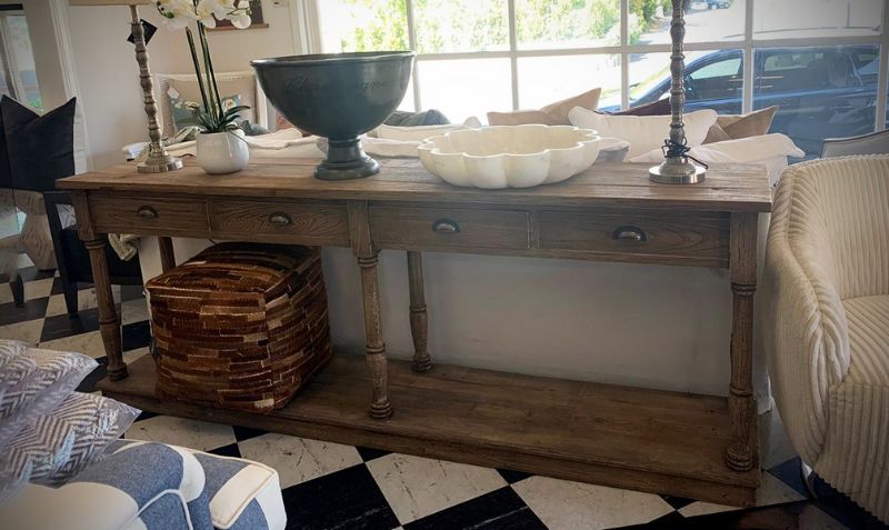 Hall Table in natural reclaimed elm with 4 spacious drawers, perfect for stylish storage in entryways or living rooms.