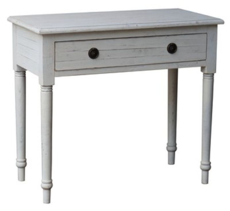 Cream distressed pine console table with a rustic design, single drawer, and durable construction, perfect for any living space.