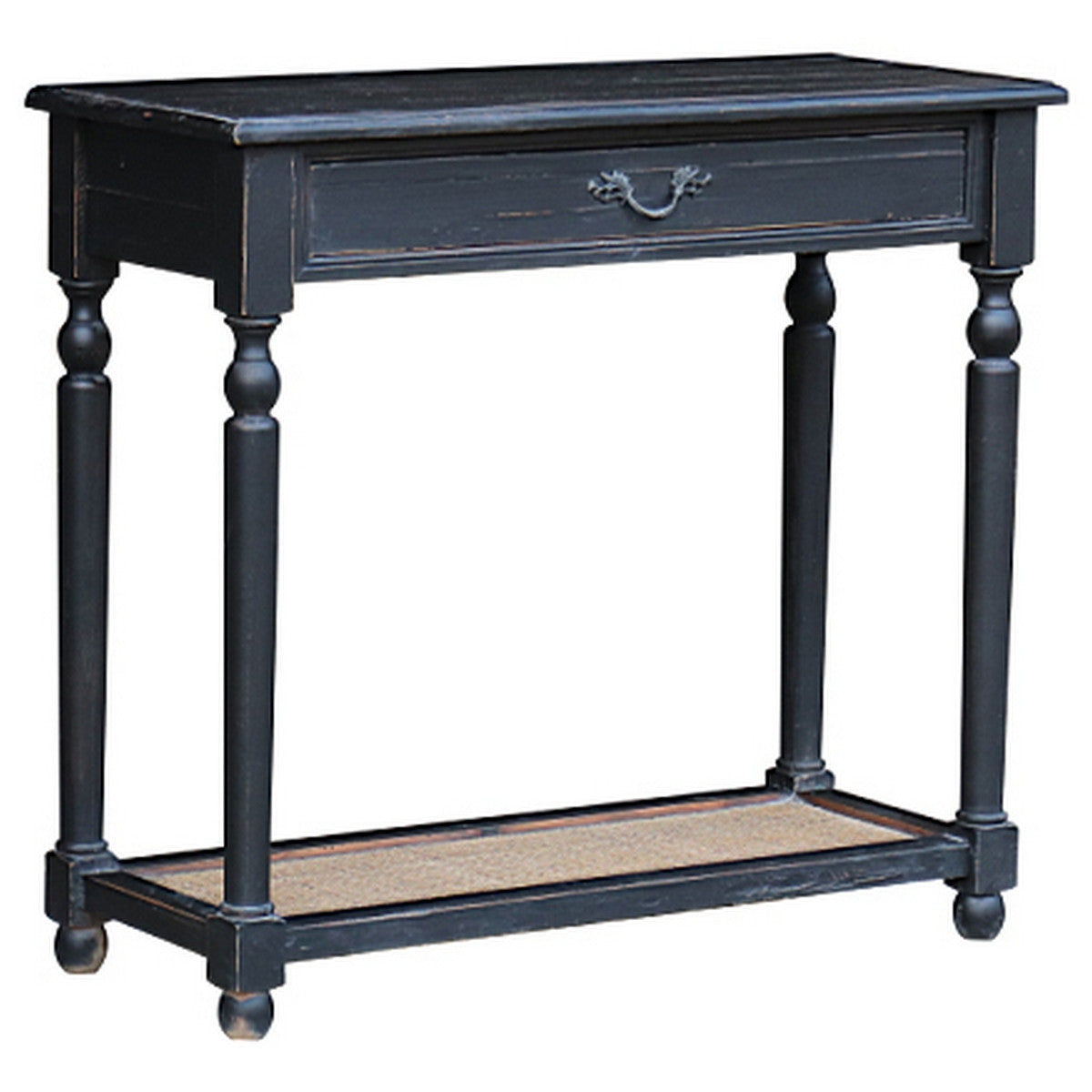 Elegant black console table with rattan shelf, perfect for living spaces, featuring a vintage design and metal handles.