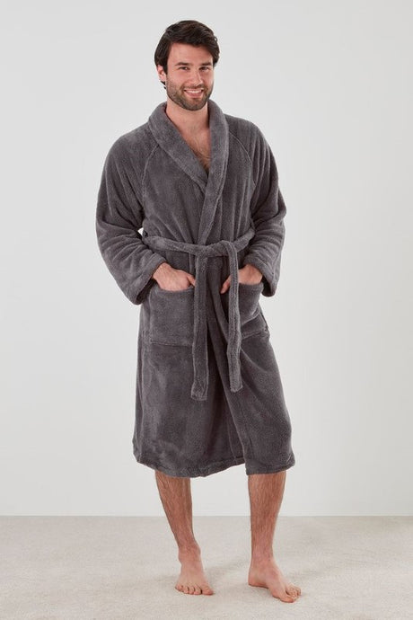 Warm gunmetal bathrobe for men with shawl collar, pockets, and tie, made ethically from 100% polyester in Turkey.