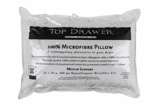 Microfibre Medium Support Pillow with 800g hypoallergenic fill; 100% cotton cover for comfort and breathability.