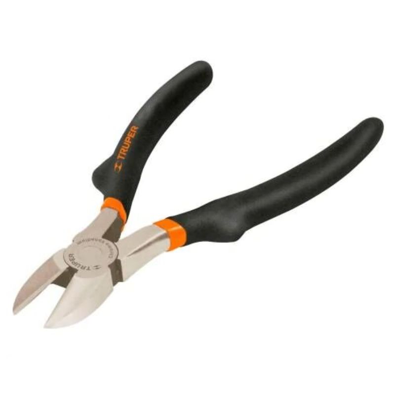 Truper 175mm diagonal pliers with chrome vanadium steel, corrosion-resistant finish, and ergonomic vinyl handles.