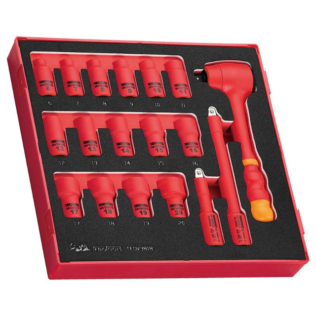 18pc Teng insulated socket set designed for live working up to 1000V, featuring a secure EVA foam organizer.