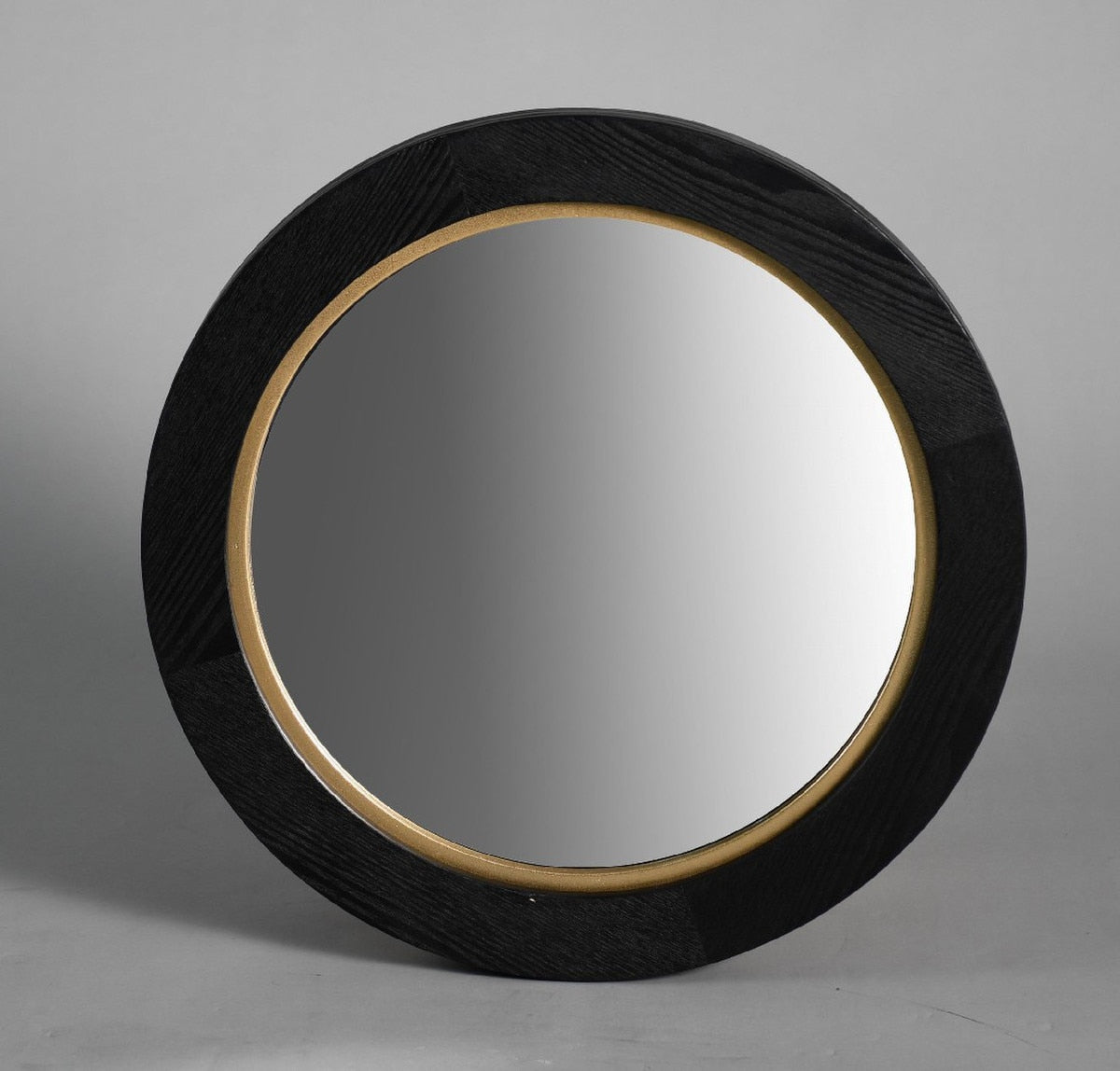 BLACK OAK & GOLD ROUND MIRROR - VENEER/MDF (50 x 50 x 4cm)