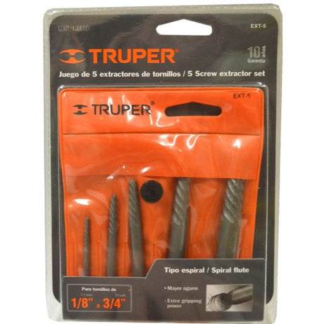 Chrome steel screw extractor set (3-11mm) by Truper, includes 5 durable extractors for removing broken screws efficiently.