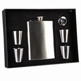 Stylish stainless steel flask set with four shot glasses and funnel, perfect for outdoor adventures and gatherings.