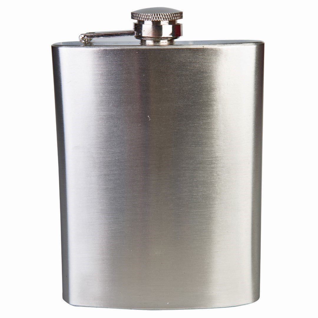 Stylish stainless steel flask set with four shot glasses and funnel, perfect for outdoor adventures and gatherings.