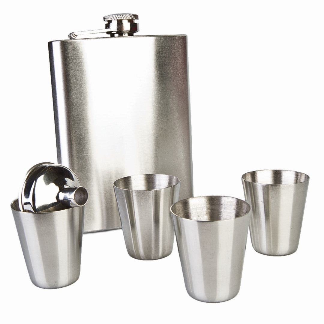 Stylish stainless steel flask set with four shot glasses, perfect for outdoor adventures and gatherings.