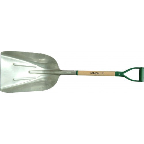 Heavy-duty aluminum shovel with lacquered white ash handle, designed for efficient grain and bulk material handling.