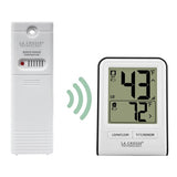 Indoor-outdoor digital thermometer with wireless sensor, featuring max/min records, clock, and easy temperature display in °C/°F.