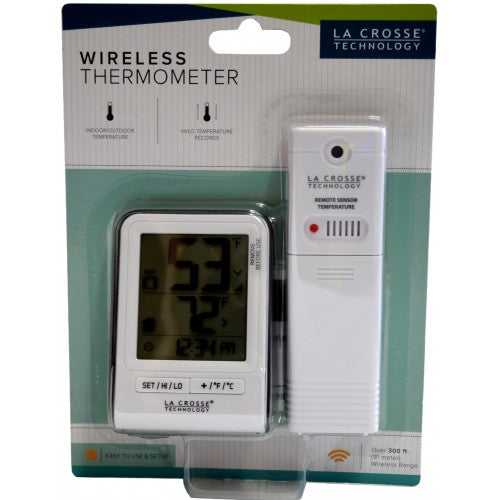 Indoor-outdoor digital thermometer displaying precise temperatures, wireless sensor, max/min records, and clock feature.