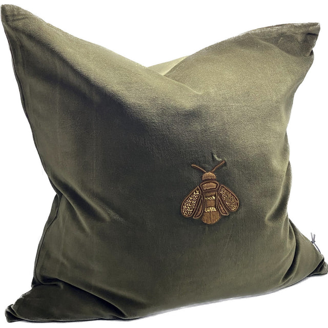 Hand-embroidered green and gold cushion cover in cotton velvet, adding elegance to any home decor. Size: 550x550mm.