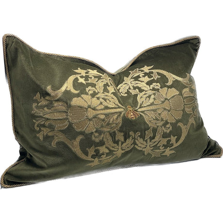 Hand embroidered green and gold cushion cover in soft cotton velvet, perfect for elevating home decor with elegance.