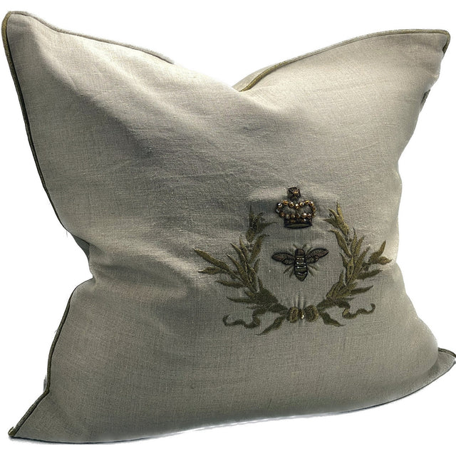 Elegant natural cotton cushion cover with intricate gold zari hand embroidery, designed to enhance interior aesthetics.