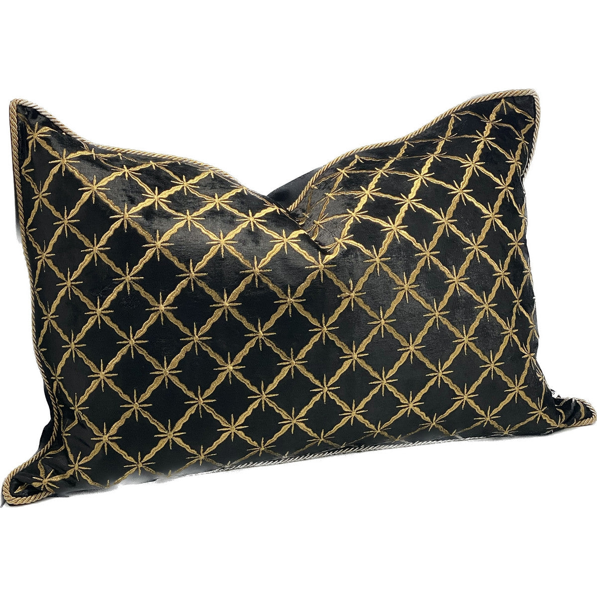 Luxurious black and gold hand-embroidered cushion cover, adding elegance and sophistication to any living space.