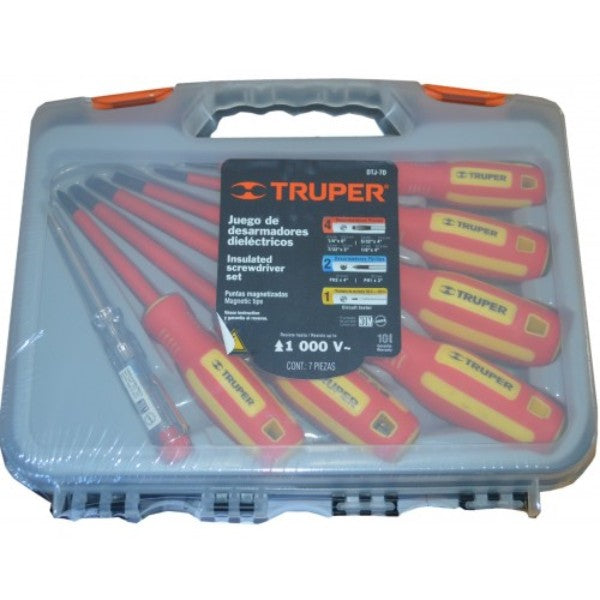 Truper insulated screwdriver set, 7 pieces, with magnetized tips and voltage tester, packed in a durable case for safe electrical work.