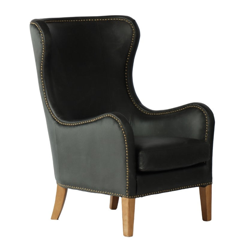 HIGHBACK ARMCHAIR - PRINCE EDWARD (BLACK LEATHER W/ OLIVE VELVET)