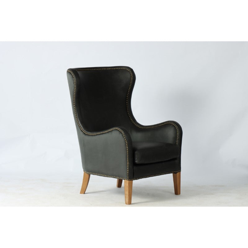 HIGHBACK ARMCHAIR - PRINCE EDWARD (BLACK LEATHER W/ OLIVE VELVET)