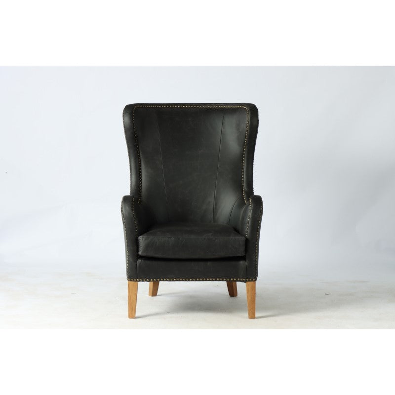 HIGHBACK ARMCHAIR - PRINCE EDWARD (BLACK LEATHER W/ OLIVE VELVET)