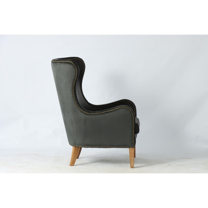 HIGHBACK ARMCHAIR - PRINCE EDWARD (BLACK LEATHER W/ OLIVE VELVET)