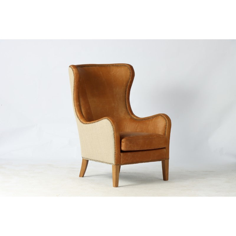 HIGHBACK ARMCHAIR - PRINCE EDWARD (TAN LEATHER W/ NATURAL LINEN)