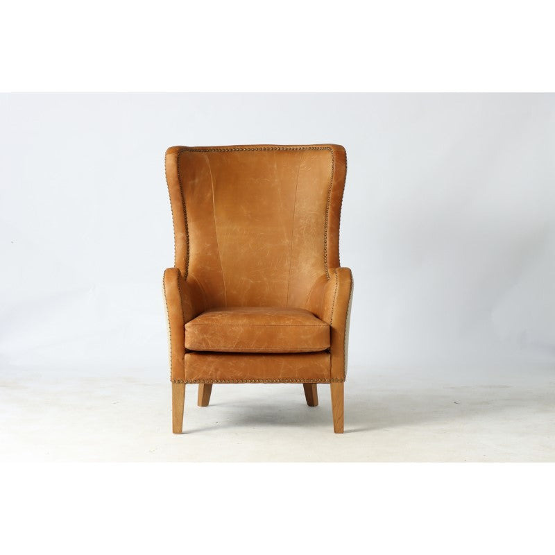 HIGHBACK ARMCHAIR - PRINCE EDWARD (TAN LEATHER W/ NATURAL LINEN)