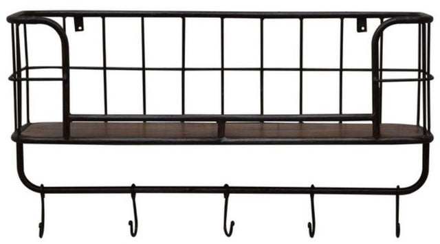 Minimalist 80cm metal kitchen shelf in black and brown, featuring hooks below for versatile storage and decor display.