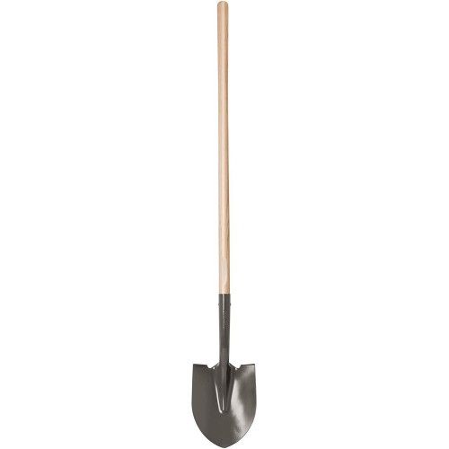 Premium Truper Promo Shovel with 16-gauge carbon steel head, tropical wood handle, and ergonomic design for easy digging.