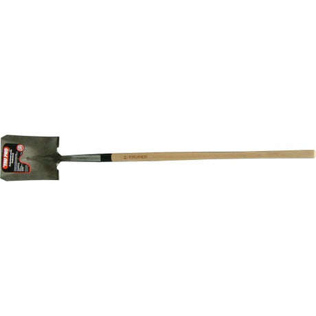 Industrial-grade Truper Pro #3 shovel with 14-gauge carbon steel head and wooden ash handle, designed for heavy-duty tasks.