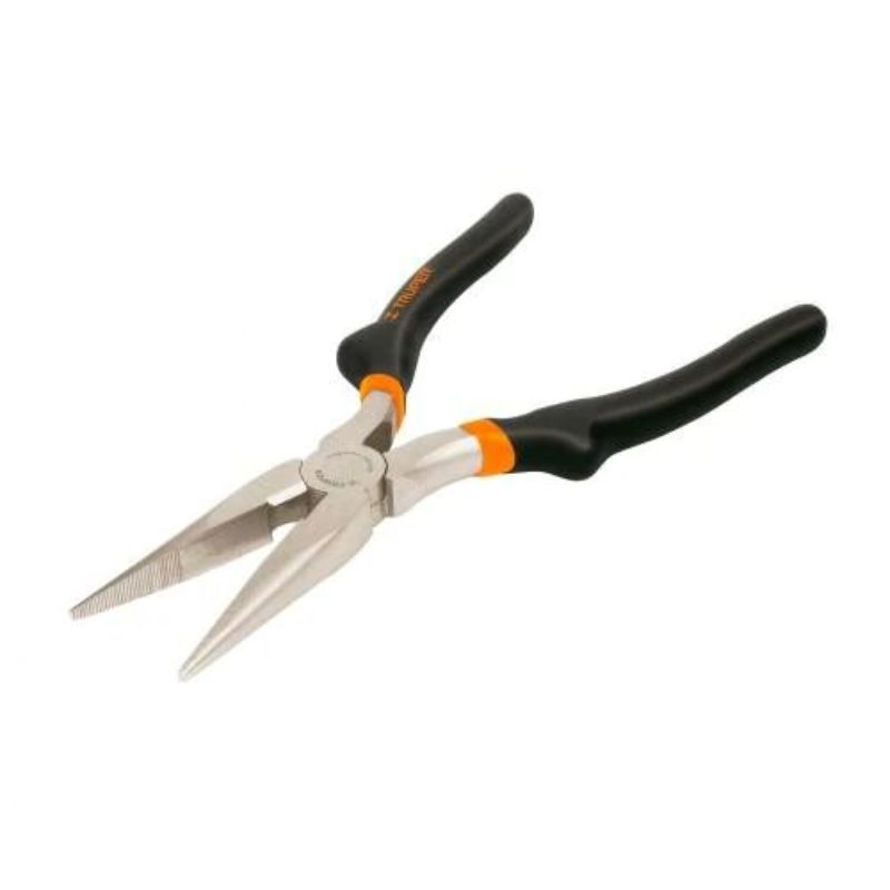 Truper Long Nose Pliers - 200mm, chrome vanadium steel, gray nickel finish, ideal for precision work and tight spaces.