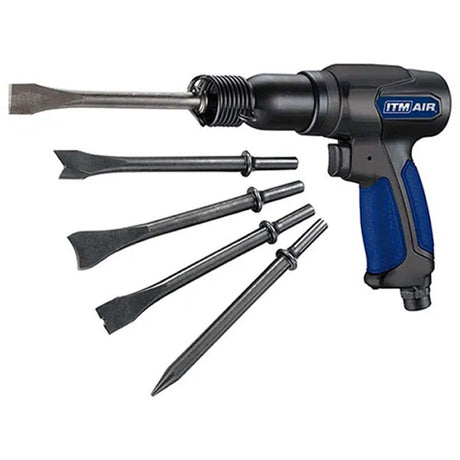 ITM Air Hammer 190mm with alloyed steel barrel, 3000 BPM, ergonomic grip, and 5-piece chisel set for heavy-duty tasks.