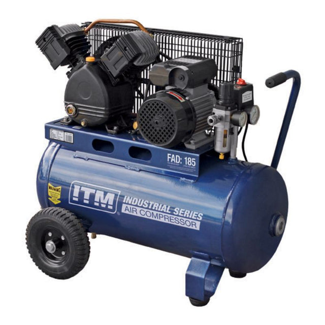 ITM Air Compressor 2.2HP 50L, featuring 2.2 HP motor, 50L tank, 145 PSI max pressure, and large mobility wheels for heavy-duty use.