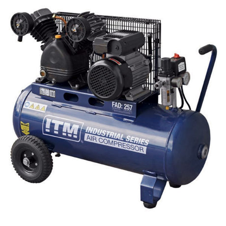 ITM Air Compressor 2.5HP with 60L tank; features V Twin cylinder, 145psi max pressure, and durable rubber wheels for mobility.