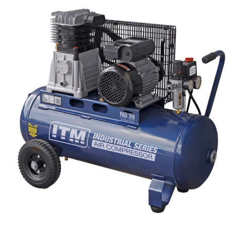 ITM Air Compressor 3.0HP with 50L tank, ideal for heavy-duty use, featuring 145 PSI, soft start valve, and mobility wheels.