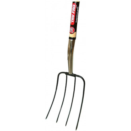 4-prong 'Truper Pro' manure fork with forged steel head and slip-resistant ash handle, ideal for efficient yard maintenance.