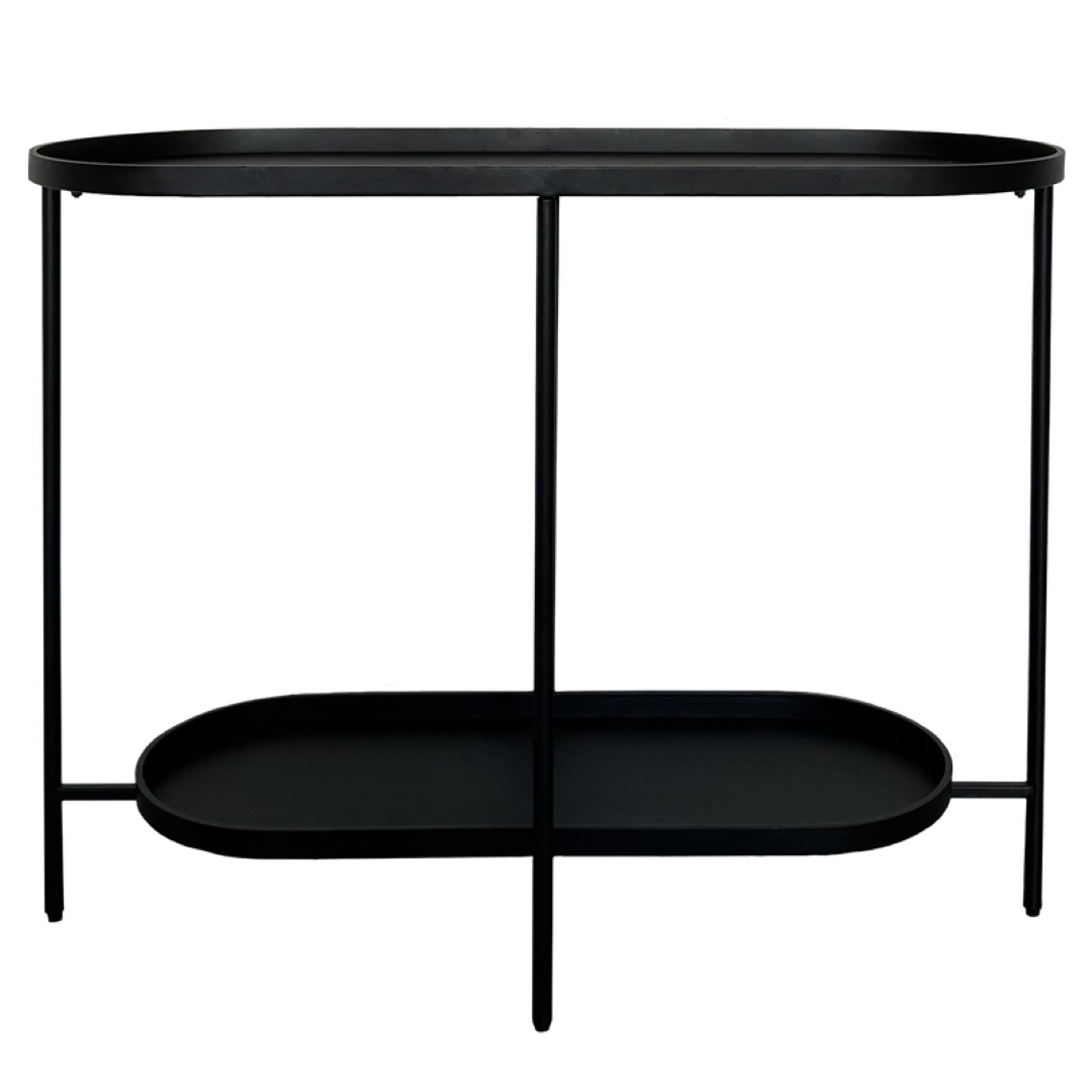 Sleek black oval console table with two tiers, perfect for hallway or dining room decor.