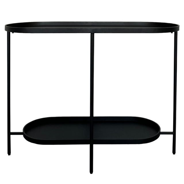 Sleek black oval console table with two tiers, perfect for hallway or dining room decor.