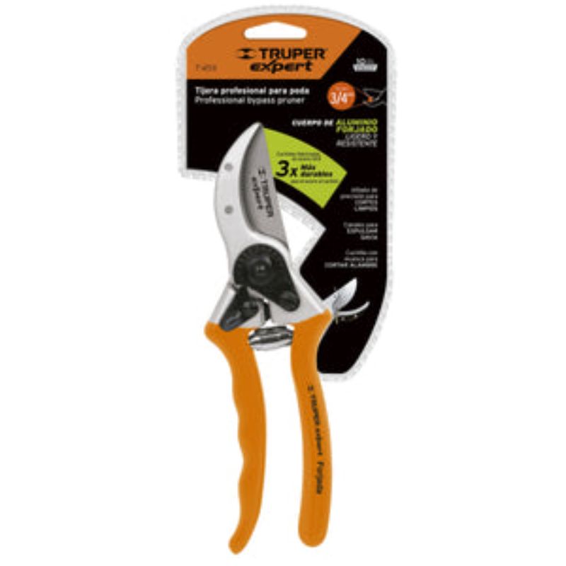 Pruning shear with aluminum body, SK5 steel blades, and wire-cutting notch for precise, sap-free cuts in gardening.