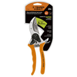 Pruning shear with aluminum body, SK5 steel blades, and wire-cutting notch for precise, sap-free cuts in gardening.