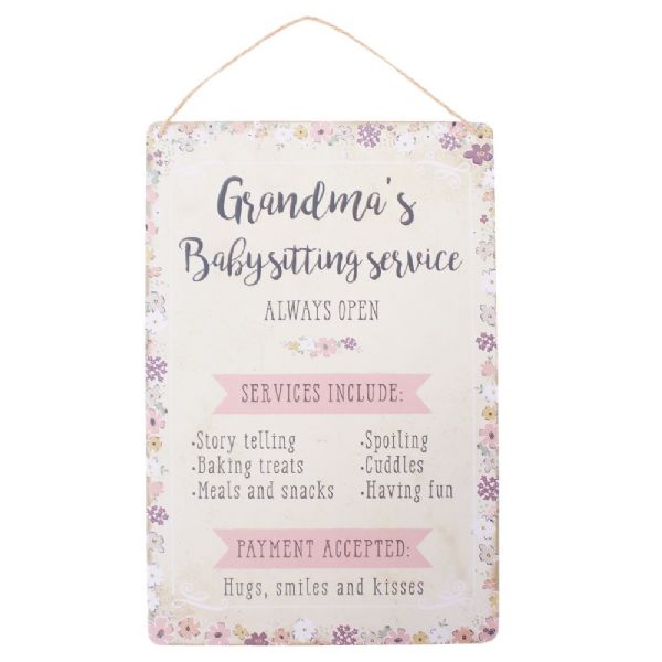 Tin wall art sign featuring "Grandma's Baby Sitting Service," measures 30x20 cm, includes string for hanging.