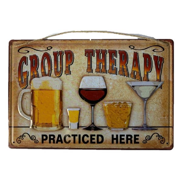 Metal wall art featuring the phrase "Group Therapy" in a raised design, ideal for therapy rooms and community spaces.