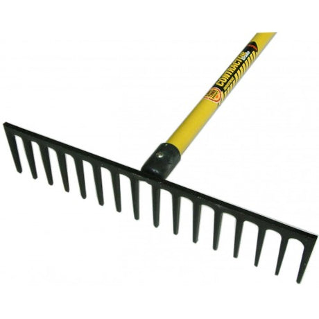 Heavy-duty steel rake with fiberglass handle, rubber grip; 16 teeth for efficient debris collection in gardens.