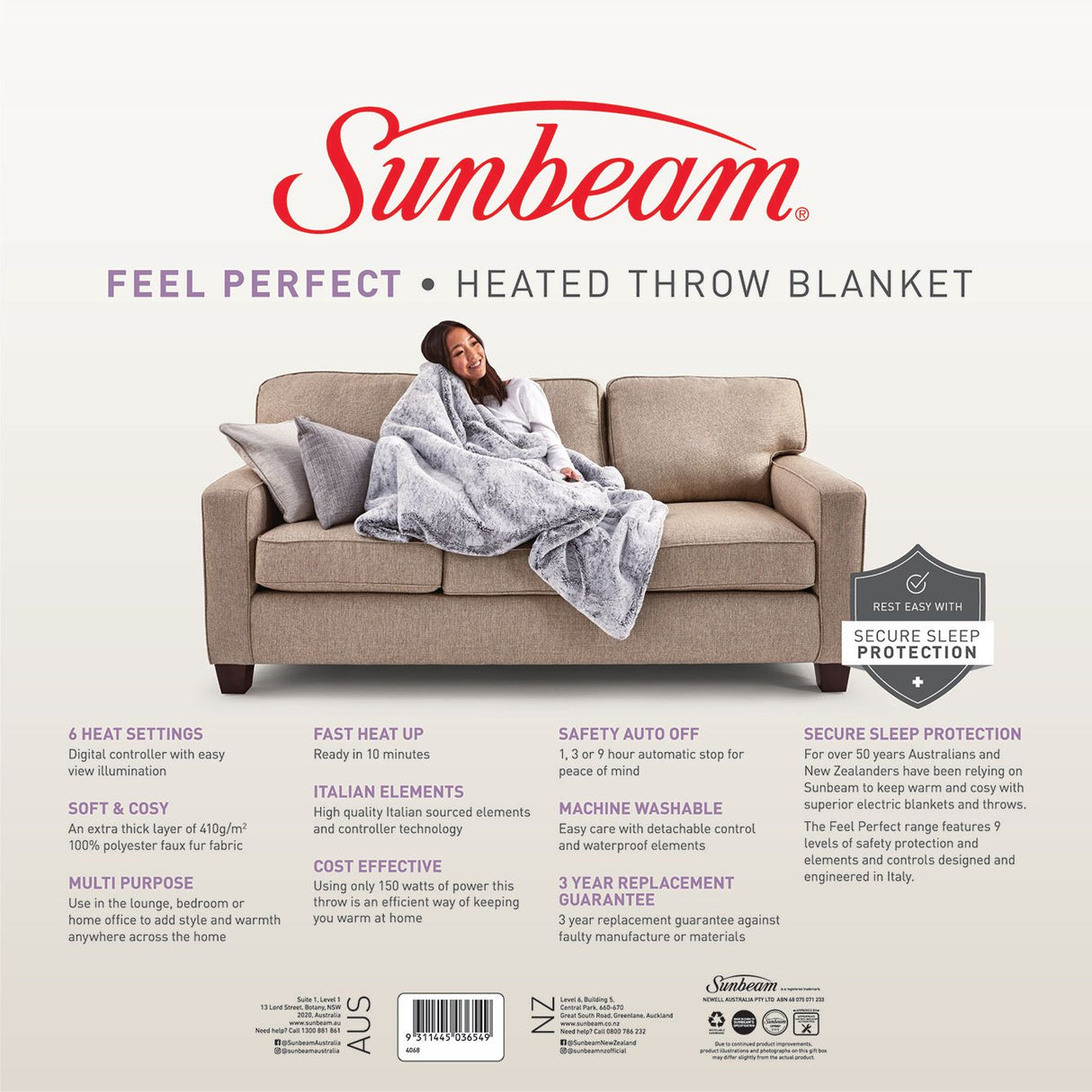 HEATED Throw - SUNBEAM FEEL PERFECT FAUX FUR TRF4300