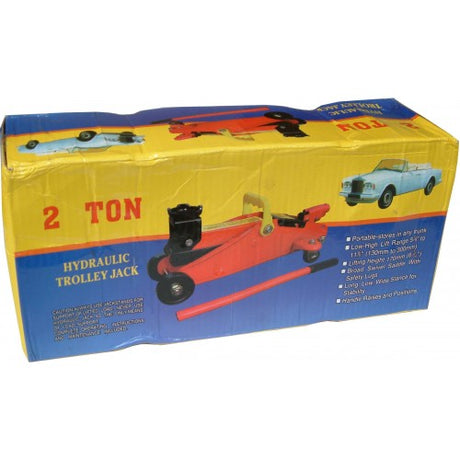 Trolley Jack 2 Ton with height range 130-300mm, features safety valve, swivel wheels, and easy handle control for lifting tasks.