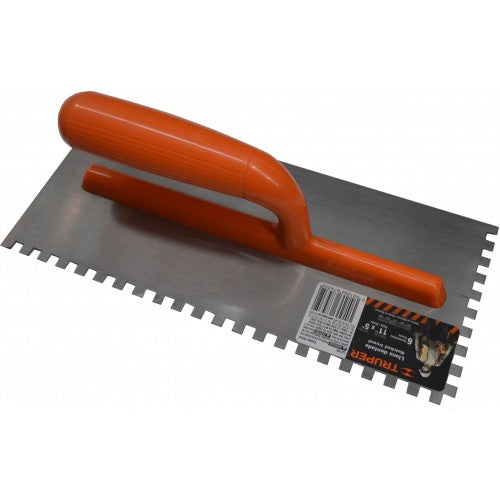 Steel plasterer's trowel with square notched edge and orange ABS plastic handle, size 11x5 inches.