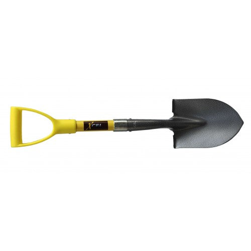 Compact yellow round mouth shovel with fibreglass D-handle, ideal for emergencies, camping, and garden tasks.