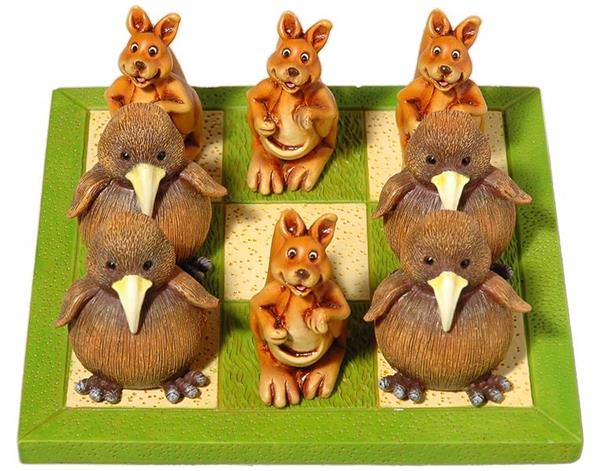 Tic Tac Toe game with kiwi and kangaroo pieces on a green board, perfect for travel and family fun.