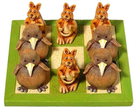 Tic Tac Toe game with kiwi and kangaroo pieces on a green board, perfect for travel and family fun.